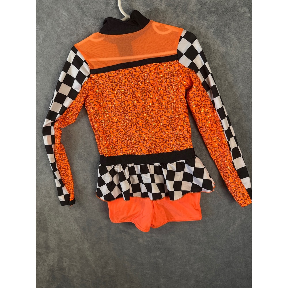 A Wish Come True Finish Line Orange Sequin Checkered Dance Costume Leotard SC